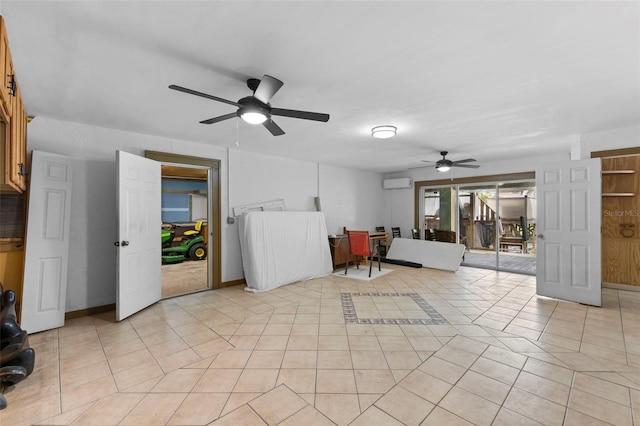 living area with light tile patterned floors, stairway, a ceiling fan, an AC wall unit, and baseboards