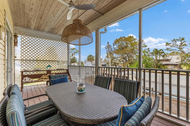 sunroom with wooden ceiling and ceiling fan