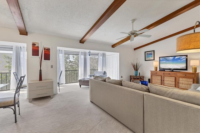 2446 Clubhouse Cir Unit 202, Sarasota, FL 34232 - living room featuring a textured ceiling, light carpet, and ceiling fan