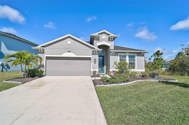 ranch-style home with a garage, concrete driveway, a front yard, and stucco siding