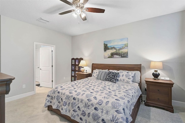 bedroom featuring a ceiling fan, visible vents, and baseboards