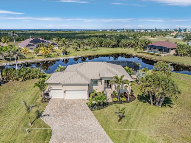 aerial view with a water view