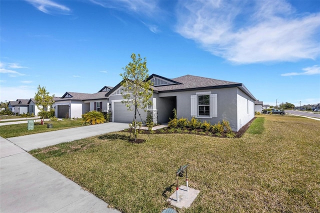 view of front of house featuring stucco siding, a shingled roof, concrete driveway, a front yard, and a garage