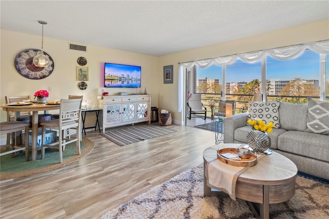 living area featuring a textured ceiling, wood finished floors, visible vents, and baseboards