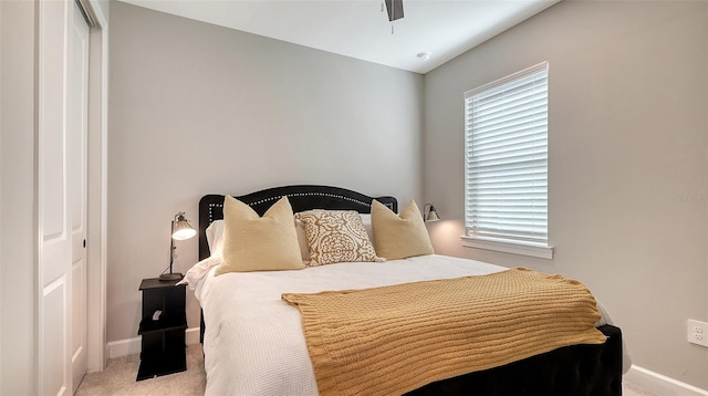 bedroom with ceiling fan, carpet floors, multiple windows, and baseboards