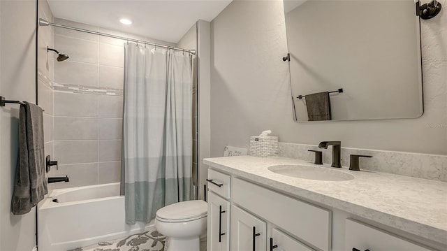 bathroom featuring toilet, vanity, and shower / bathtub combination with curtain