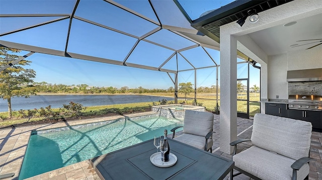 view of swimming pool with a water view, grilling area, a patio area, ceiling fan, and a lanai