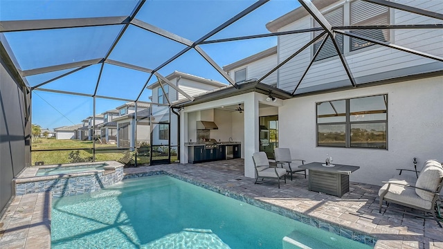 view of swimming pool with a pool with connected hot tub, area for grilling, a patio area, ceiling fan, and a lanai