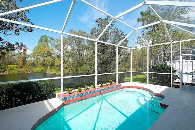 view of swimming pool featuring a lanai, a water view, and a patio