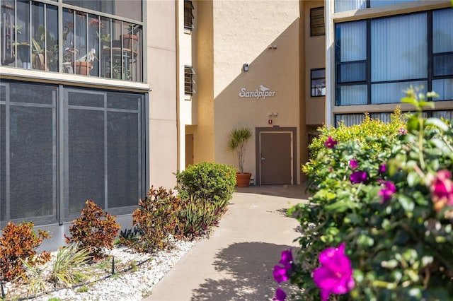 entrance to property featuring stucco siding