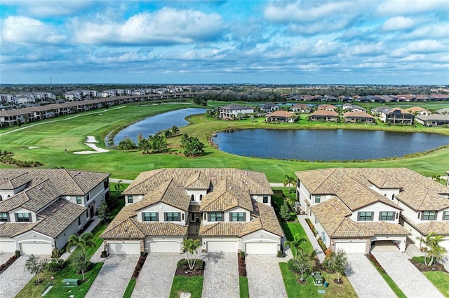 bird's eye view featuring a residential view, view of golf course, and a water view