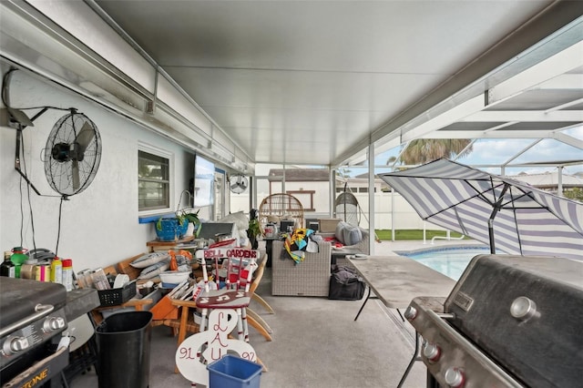 interior space with glass enclosure, an outdoor pool, area for grilling, and fence