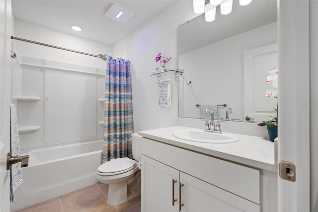 full bathroom with toilet, tile patterned flooring, shower / bathtub combination with curtain, and vanity