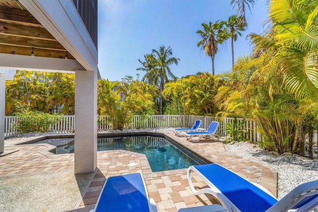 view of pool with a patio, a fenced backyard, and a fenced in pool