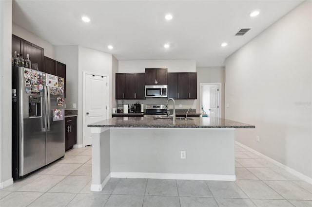 kitchen featuring visible vents, appliances with stainless steel finishes, dark brown cabinets, and a sink