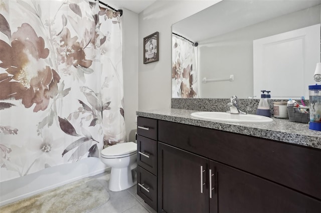 bathroom featuring toilet, shower / bathtub combination with curtain, vanity, and tile patterned floors