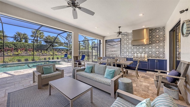 view of patio featuring area for grilling, grilling area, outdoor lounge area, outdoor dining area, and a lanai