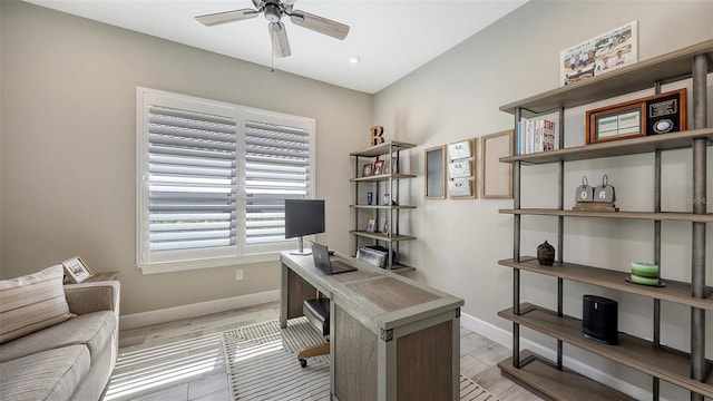 office featuring recessed lighting, baseboards, and a ceiling fan