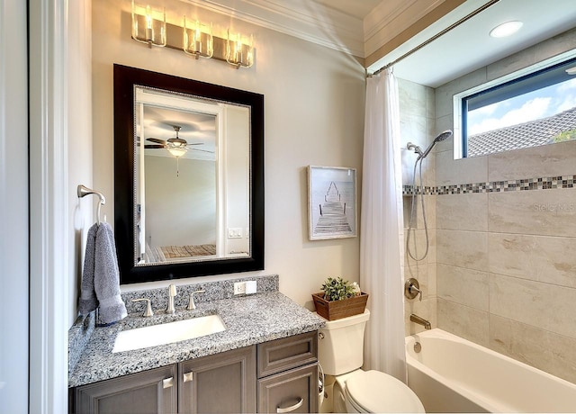 full bath featuring toilet, ornamental molding, vanity, and shower / bathtub combination with curtain