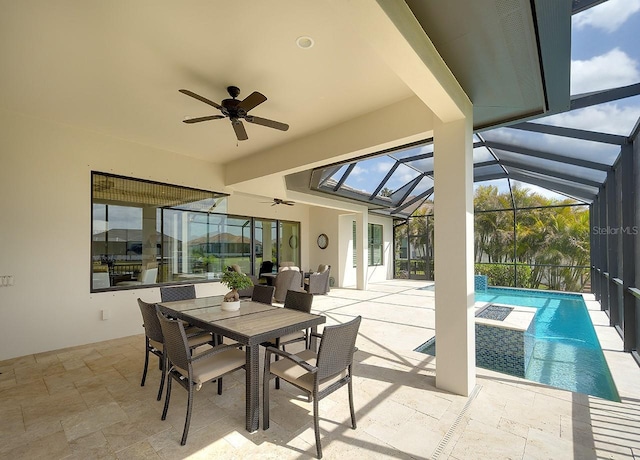 view of patio featuring ceiling fan, outdoor dining space, a lanai, and an outdoor pool