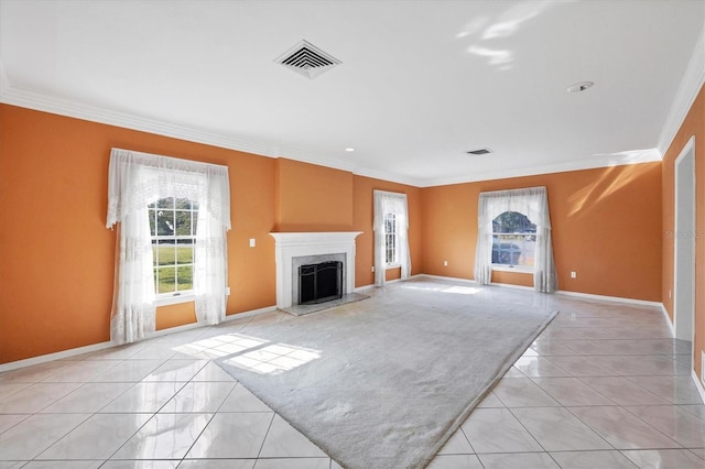 unfurnished living room with ornamental molding, visible vents, and light tile patterned floors