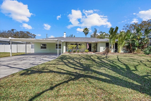 ranch-style house with stucco siding, concrete driveway, fence, an attached carport, and a front lawn