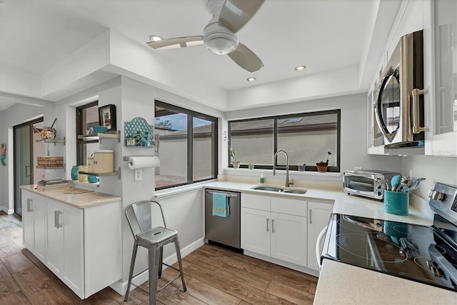 kitchen with stainless steel appliances, wood finished floors, a sink, and a toaster