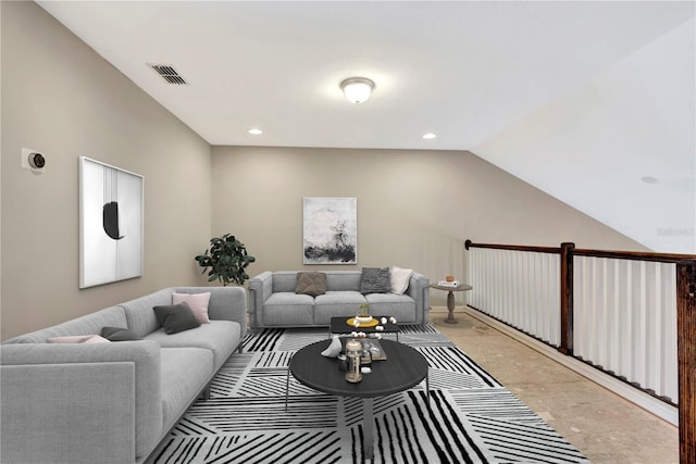 living room with lofted ceiling, visible vents, and recessed lighting