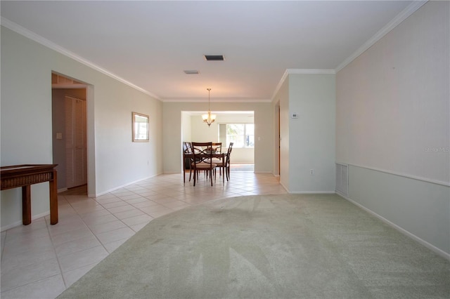 unfurnished dining area featuring a notable chandelier, light tile patterned floors, light colored carpet, visible vents, and ornamental molding