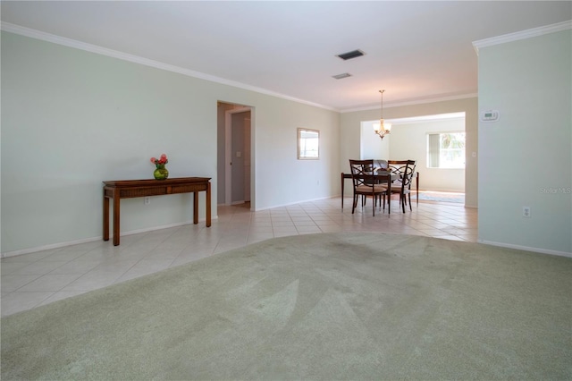 dining room featuring light tile patterned floors, a notable chandelier, light colored carpet, visible vents, and ornamental molding