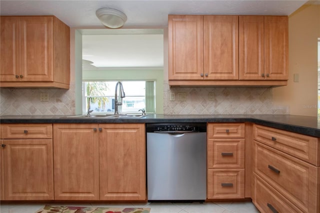 kitchen featuring dark countertops, dishwasher, backsplash, and a sink