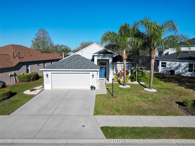 ranch-style home featuring driveway, a garage, a shingled roof, a front yard, and stucco siding