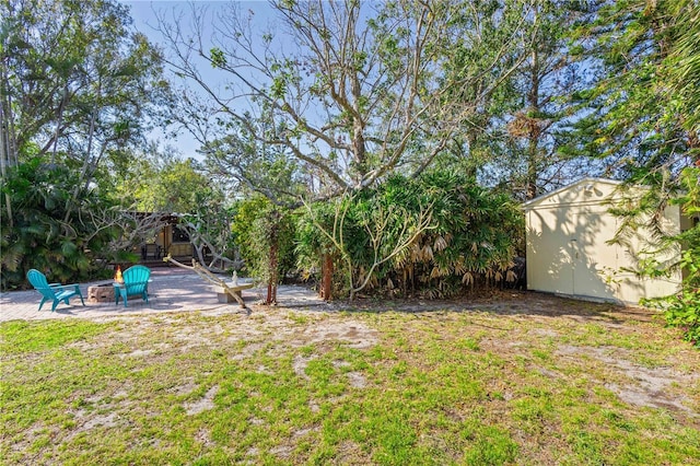 view of yard with an outdoor fire pit, an outdoor structure, a patio, and a shed