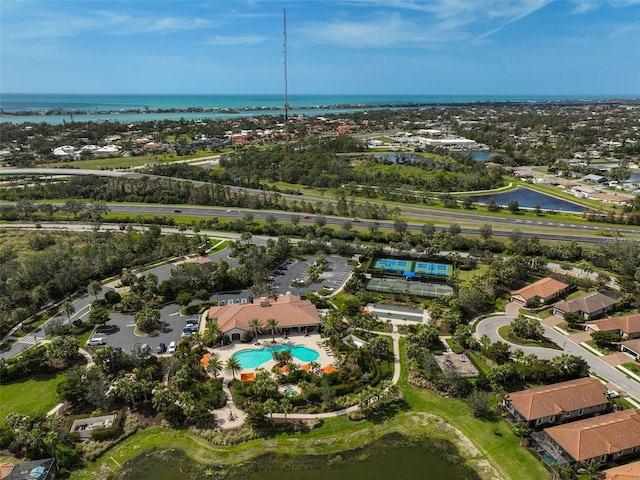 drone / aerial view featuring a water view