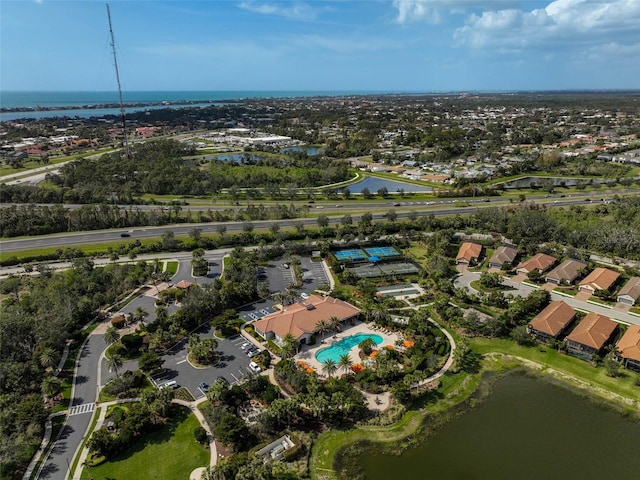 aerial view with a water view