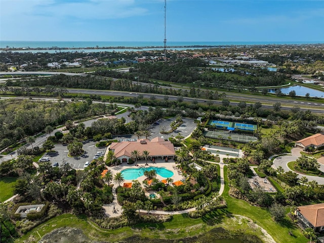 aerial view featuring a water view