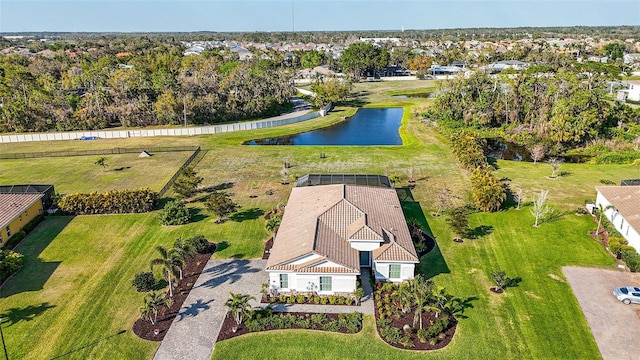 aerial view featuring a water view