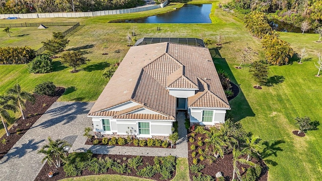 birds eye view of property featuring a water view