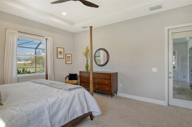 bedroom with recessed lighting, baseboards, visible vents, and light colored carpet