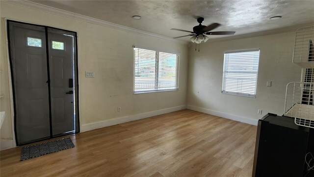 foyer entrance featuring light wood-style floors, plenty of natural light, crown molding, and baseboards