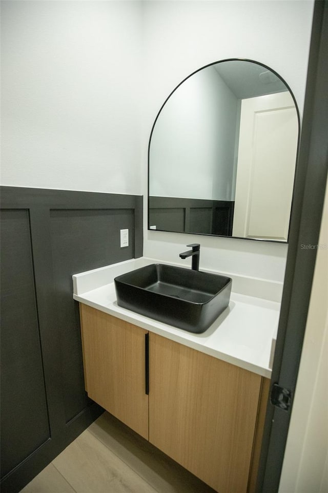 bathroom with wood finished floors and vanity