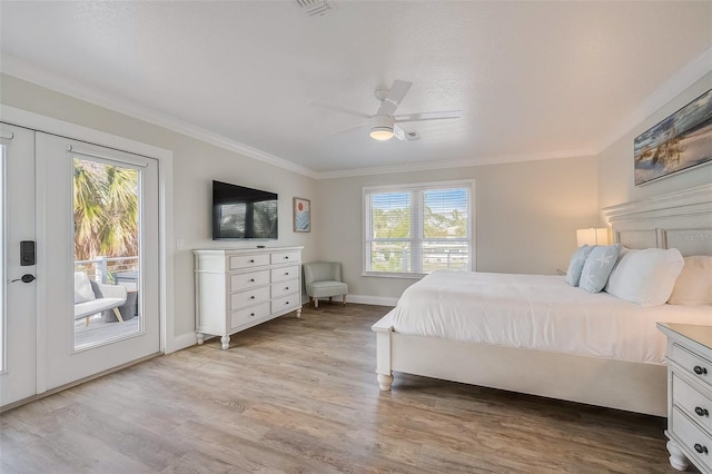 bedroom with access to outside, crown molding, and light wood finished floors