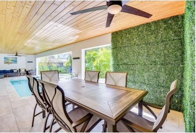 dining space with a ceiling fan and wooden ceiling