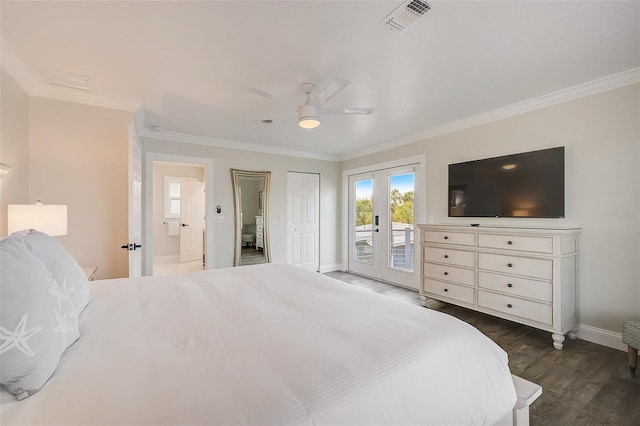 bedroom with visible vents, access to outside, french doors, dark wood-style floors, and crown molding