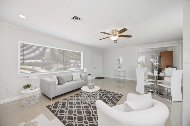 tiled living area featuring baseboards, visible vents, a ceiling fan, ornamental molding, and recessed lighting