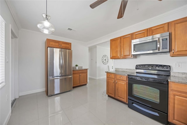 kitchen featuring visible vents, brown cabinets, light stone countertops, stainless steel appliances, and crown molding