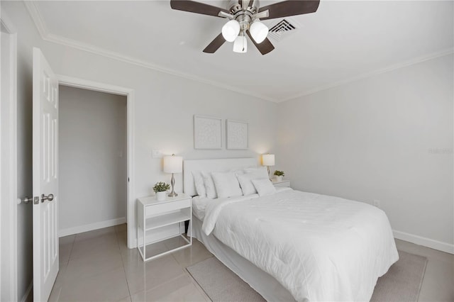 bedroom featuring ornamental molding, visible vents, ceiling fan, and baseboards