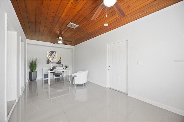 tiled dining area with wooden ceiling, visible vents, ceiling fan, and baseboards