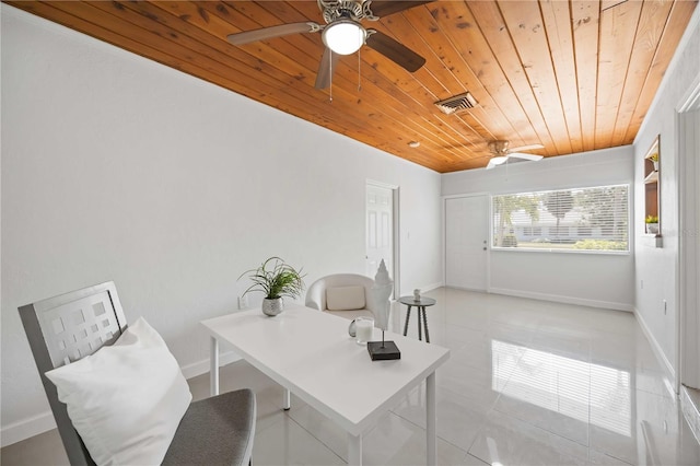 home office featuring light tile patterned floors, wood ceiling, baseboards, visible vents, and a ceiling fan