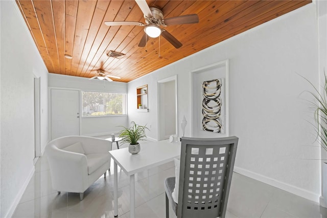 sitting room featuring visible vents, a ceiling fan, wood ceiling, tile patterned flooring, and baseboards